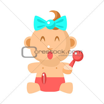 Small Happy Baby Girl Sitting With Toy Shaker In Red Nappy Vector Simple Illustrations With Cute Infant