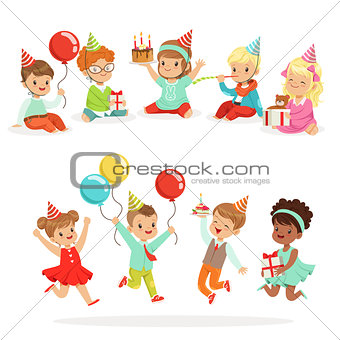 Little Children Birthday Celebration Party With Festive Attributes And Adorable Kids Set Of Characters
