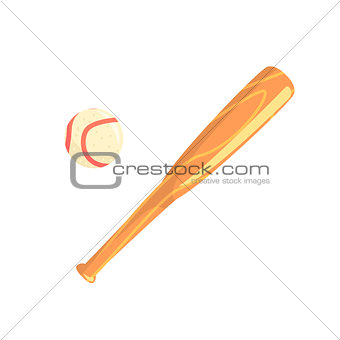 Wooden Bat And Baseball Ball, Part Of Baseball Player Ammunition And Equipment Set Isolated Objects