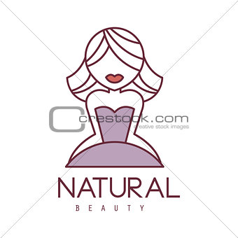Natural Beauty Salon Hand Drawn Cartoon Outlined Sign Design Template With Blond Girl With Short Hair In Violet Dress