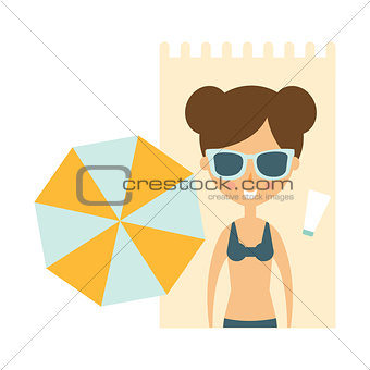 Woman Laying On Blanket On Sand Under Umbrella, Part Of Summer Beach Vacation Series Of Illustrations