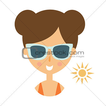 Woman Smiling In Dark Glasses Enjoying The Sun, Part Of Summer Beach Vacation Series Of Illustrations