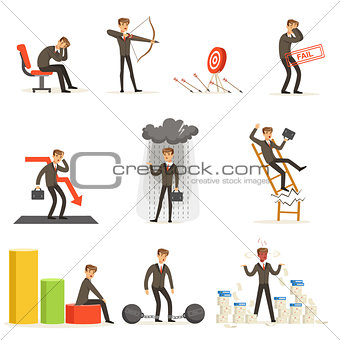 Business Fail And Manager Suffering Loss And Being In Debt Set Of Buncrupcy And Company Failure Vector Illustrations