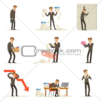Business Fail And Manager Suffering Loss And Being In Debt Set Of Bankruptcy And Company Failure Vector Illustrations