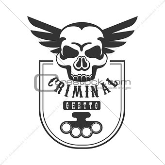 Criminal Outlaw Street Club Black And White Sign Design Template With Text, Brass Knuckles And Scull