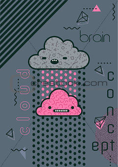 Trendy memphis style conceptual illustration of a brain connecting to cloud. Cute funny kawaii mascot characters