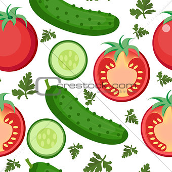 Salad seamless pattern. Tomato and cucumber endless background, texture. Vegetable backdrop. Vector illustration.