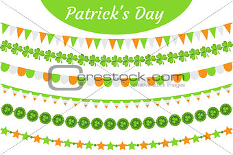 St. Patrick s Day garland set. Festive decorations bunting. Party elements, flags, shamrock, clover. Isolated on white background. Vector illustration, clip art.
