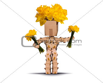 Boxman holding bunches of daffodils