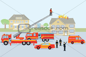 Fire brigade and fireman. Red fire truck
