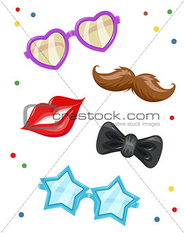 Glasses, moustache, lip,  bow-tie. Masks for birthday party.