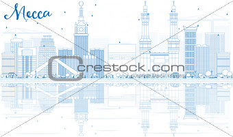Outline Mecca Skyline with Blue Landmarks and Reflections.