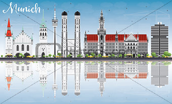 Munich Skyline with Gray Buildings, Blue Sky and Reflections.