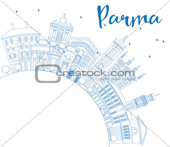 Outline Parma Skyline with Blue Buildings and Copy Space.