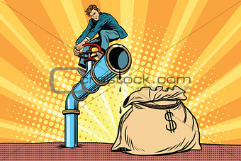 Businessman closes the tap oil pipe, a bag of money