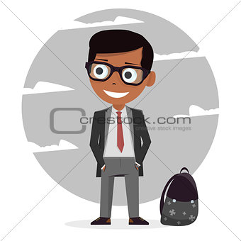 Modern stylish schoolboy. School uniforms for boys. Isolated character. Cartoon personage. Vector illustration on white background.