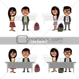 Set of characters elementary school students. Schoolboys and schoolgirls. Vector illustration of a flat design