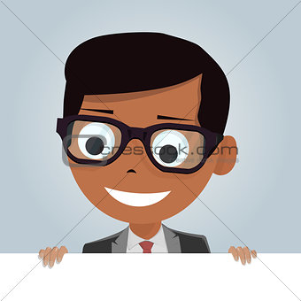 Cartoon boy and blank paper for web site. Kid holding a white card.