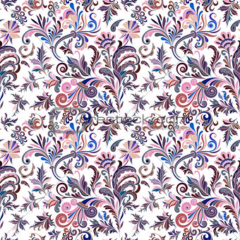 Vintage baroque seamless pattern with swirls and flowers, vector illustration