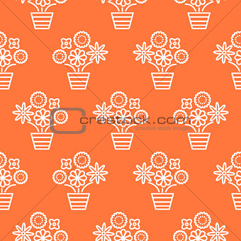 Coral orange and white line flower pots seamless vector.