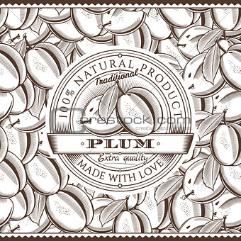 Vintage Plum Label On Seamless Pattern