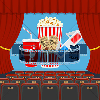 cinema auditorium with seats and popcorn