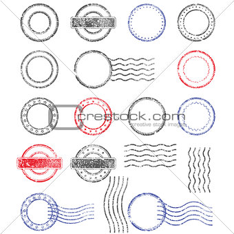 Blank templates of shabby postal stamps of round shape