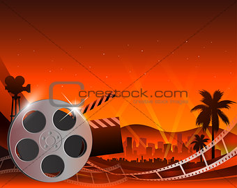 Illustration of a film stripe reel on shiny red movie background