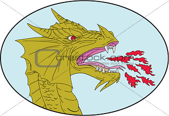 Dragon Head Breathing Fire Oval Drawing