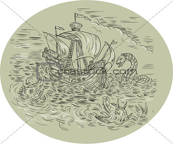 Tall Ship Turbulent Sea Serpents Oval Drawing