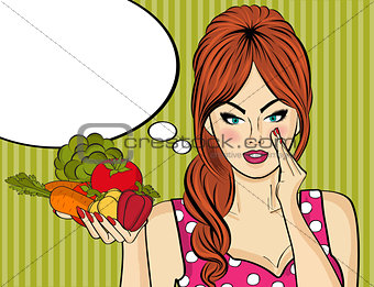 Sexy pop art woman with vegetables in his hand