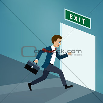 Businessman runs to exit door.