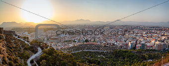 Panorama of sunset over the old city of Santa Barbara Castle, Alicante, Spain.