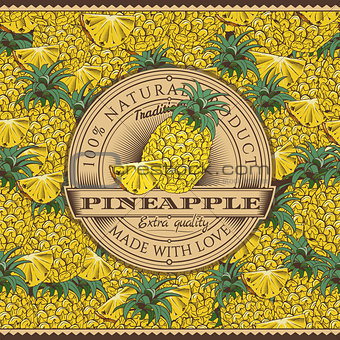 Vintage Pineapple Label On Seamless Pattern