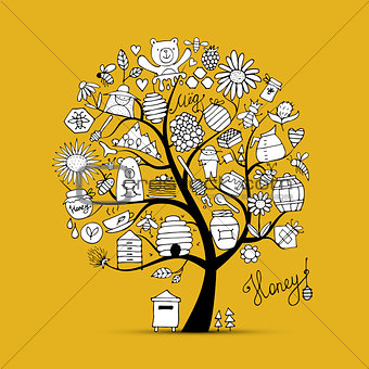 Honey apiary, art tree. Sketch for your design
