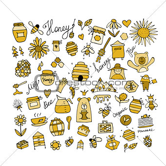 Honey apiary, icons set. Sketch for your design