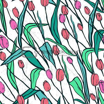 Seamless pattern with spring flowers/Red and pink tulips