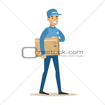 Delivery Service Worker Holding A Box Under Armpit, Smiling Courier Delivering Packages Illustration