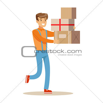 Delivery Service Worker Hurrying With Pile Of Boxes, Smiling Courier Delivering Packages Illustration