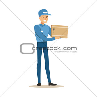 Delivery Service Worker Holding Small Fragile Box, Smiling Courier Delivering Packages Illustration