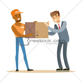 Delivery Service Worker Bringing Box To Office Worker, Smiling Courier Delivering Packages Illustration