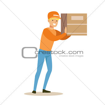 Delivery Service Worker Holding Big Box On The Shoulder, Smiling Courier Delivering Packages Illustration