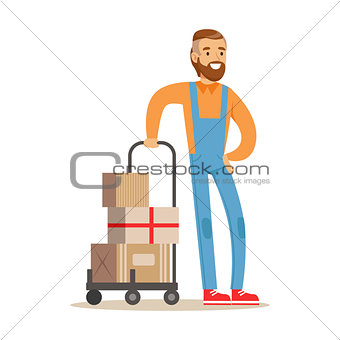 Beardy Delivery Service Worker With Loaded Cart, Smiling Courier Delivering Packages Illustration