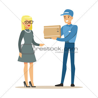 Delivery Service Worker Bringing The Box To Blond Woman, Smiling Courier Delivering Packages Illustration