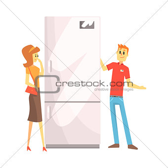 Woman Choosing Fridge With Shop Assistant Help, Department Store Shopping For Domestic Equipment And Electronic Objects For Home
