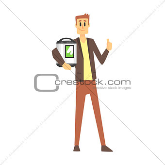 Man Holding Slow Rice Cooker, Department Store Shopping For Domestic Equipment And Electronic Objects For Home