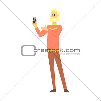Beardy Man Holding Smartphone, Department Store Shopping For Domestic Equipment And Electronic Objects For Home