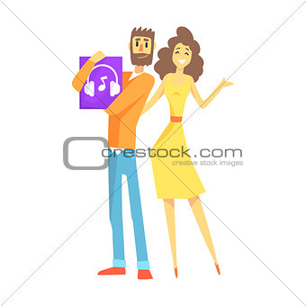 Couple Holding Headphones, Department Store Shopping For Domestic Equipment And Electronic Objects For Home
