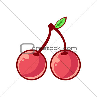 Two Cherries With Leaf, Food Item Outlined Isolated Childish Icon For Flash Game Design Or Slot Machine