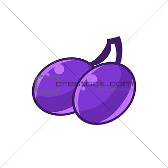 Two Blue Prunes Fruits, Food Item Outlined Isolated Childish Icon For Flash Game Design Or Slot Machine